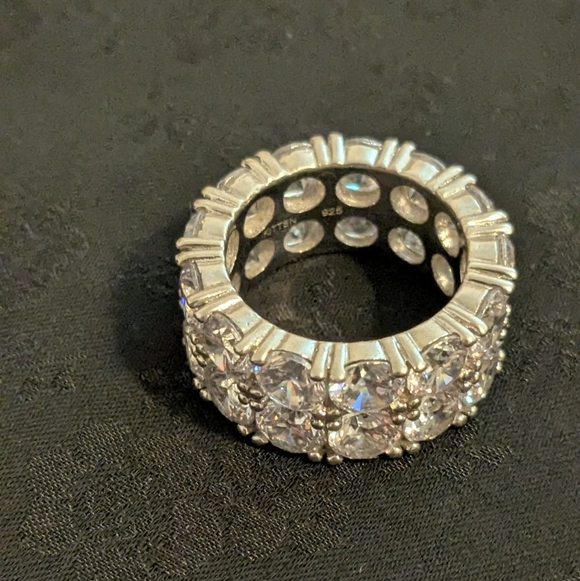 Trendy 925 Solid Sterling Silver Double Row CZ Tennis Ring - Picture 4 of 7